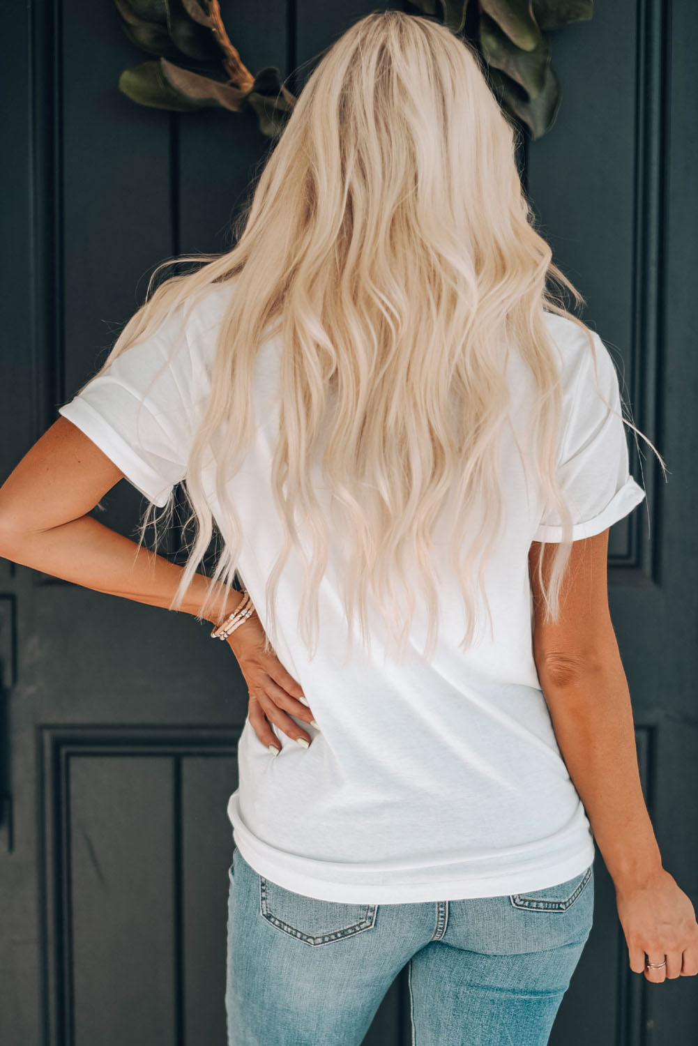 White Sequin Bow Strawberry Graphic Crew Neck T Shirt