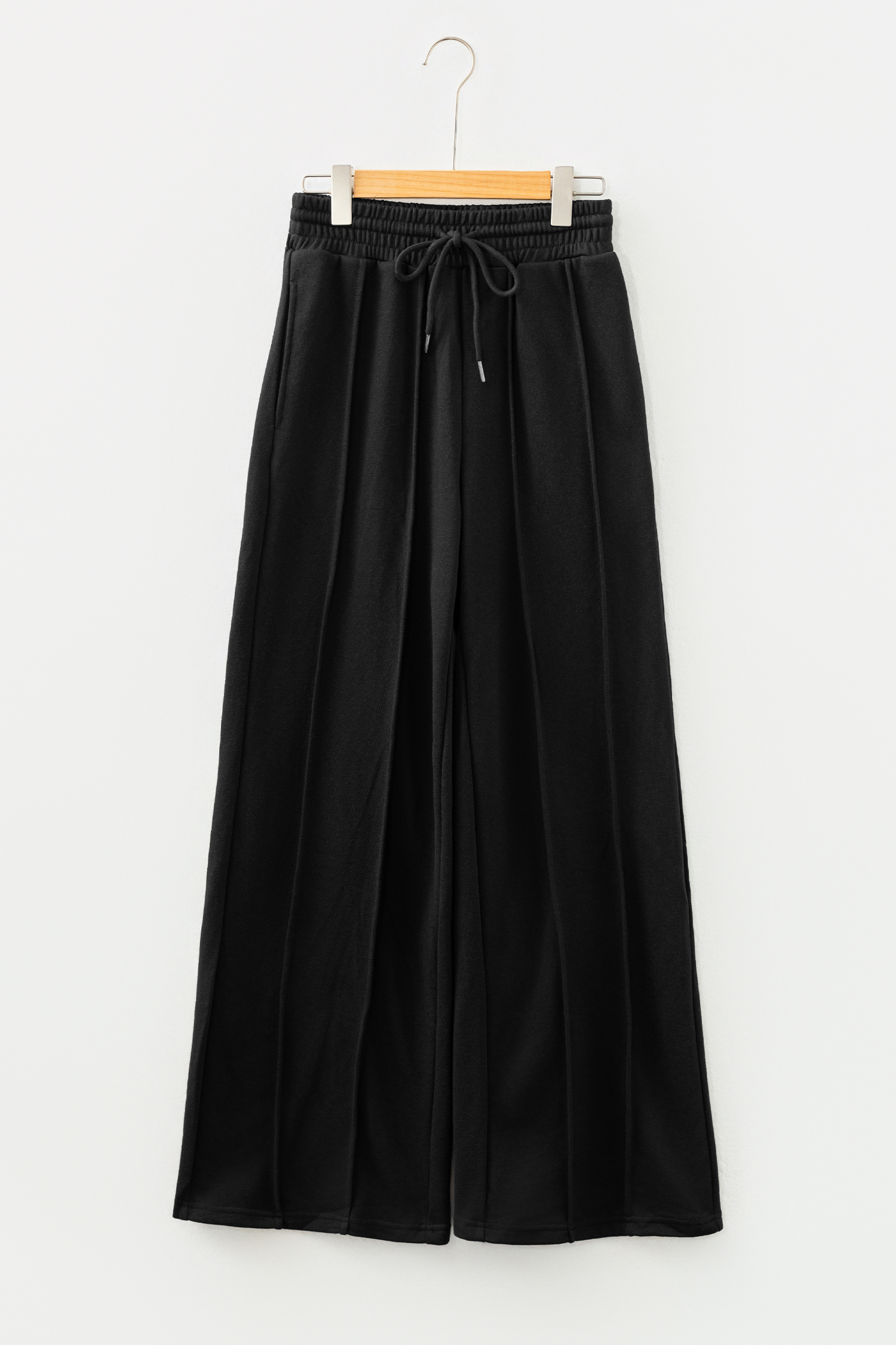 Black Seamed Drawstring High Waist Wide Leg Sweatpants