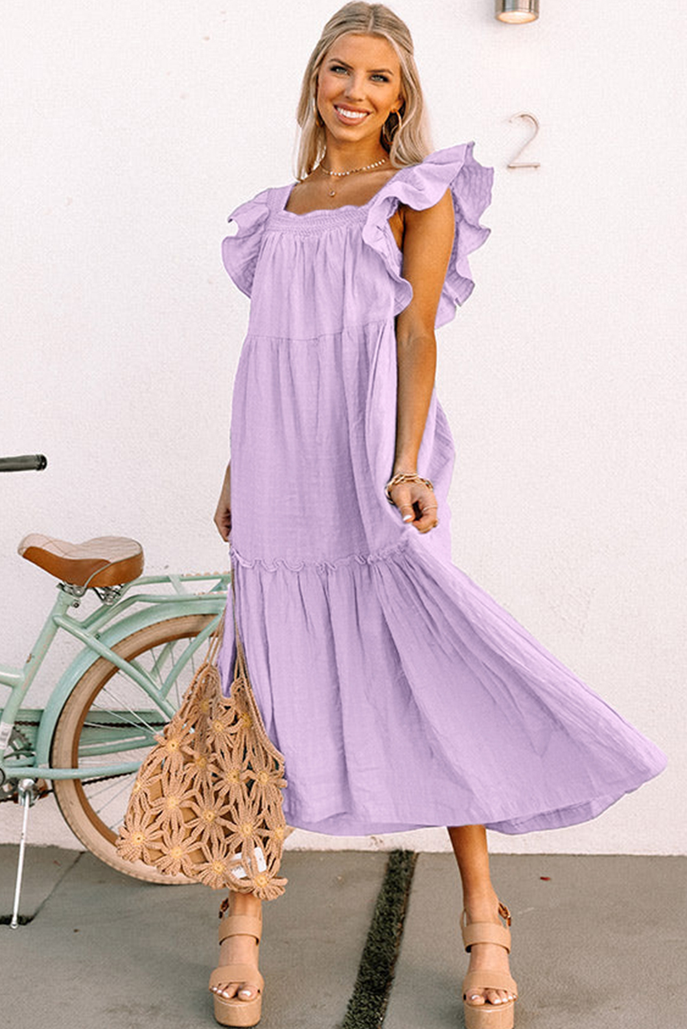 Sky Blue Ruffled Flutter Sleeve Square Neck Textured Tiered Maxi Dress