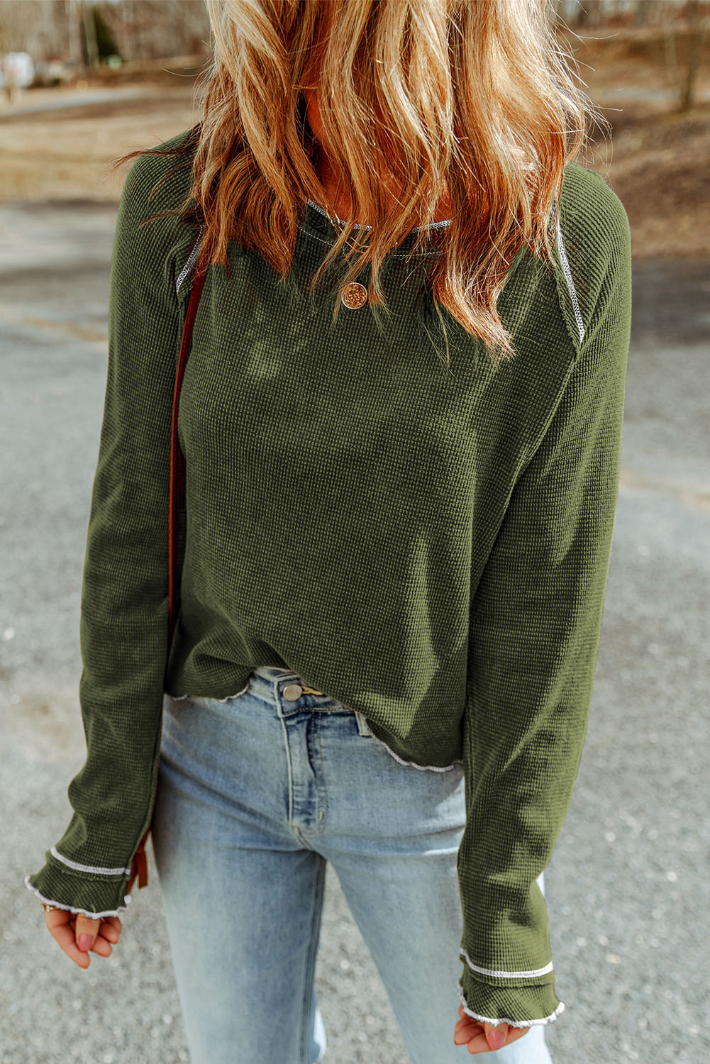 Smoke Gray Textured Round Neck Long Sleeve Top