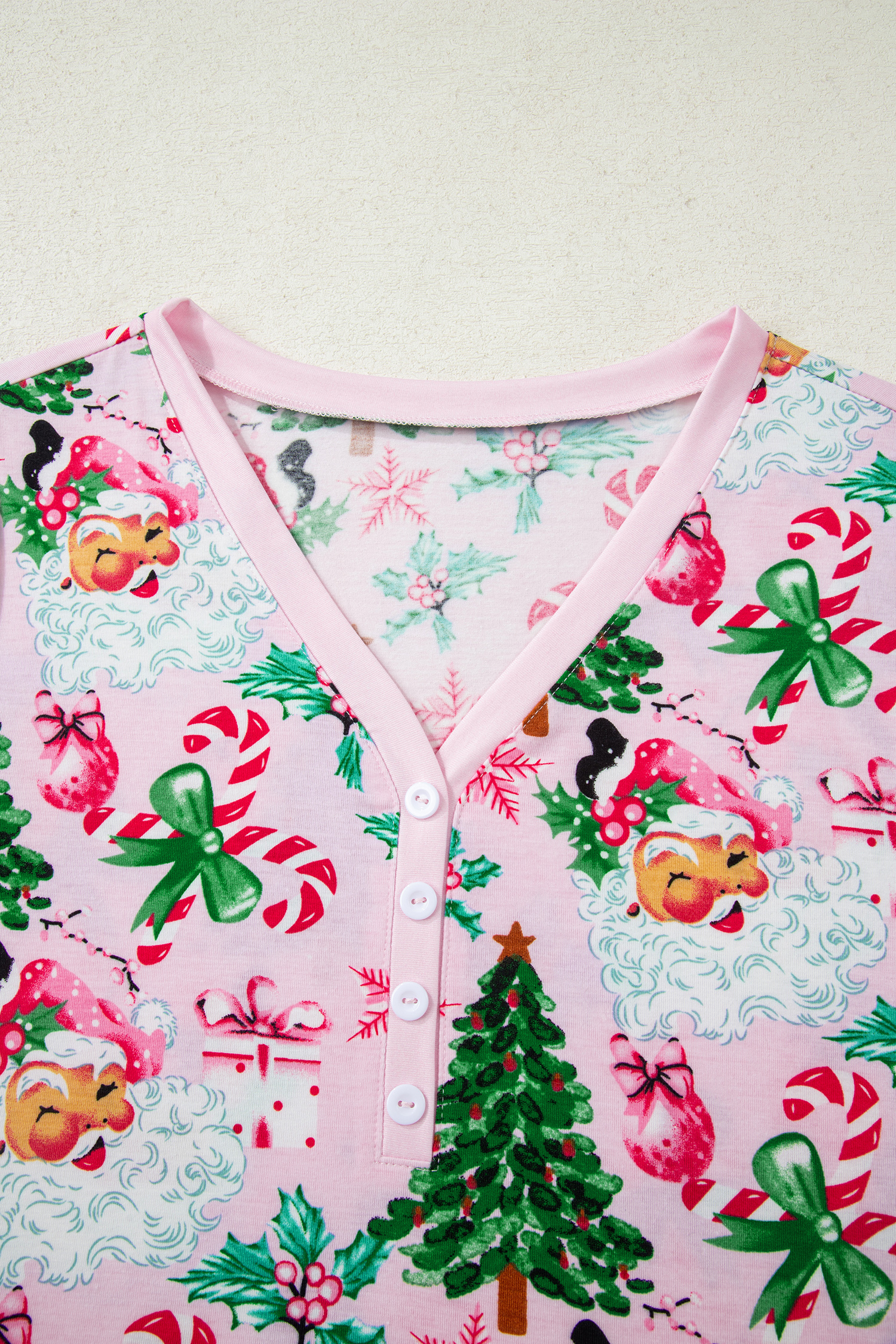 White Christmas Pattern Button V Neck Pullover Drawstring Pants 2pcs Lounge Set