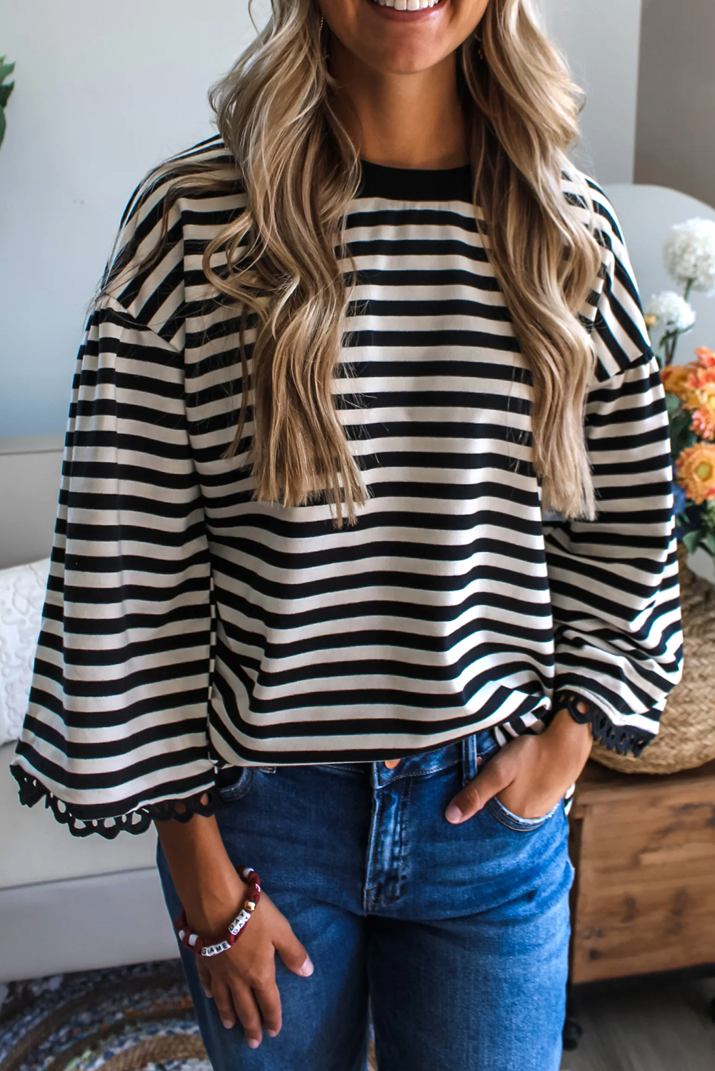 Racing Red Striped Print Drop Shoulder Lace Trim Bracelet Sleeve Loose Top