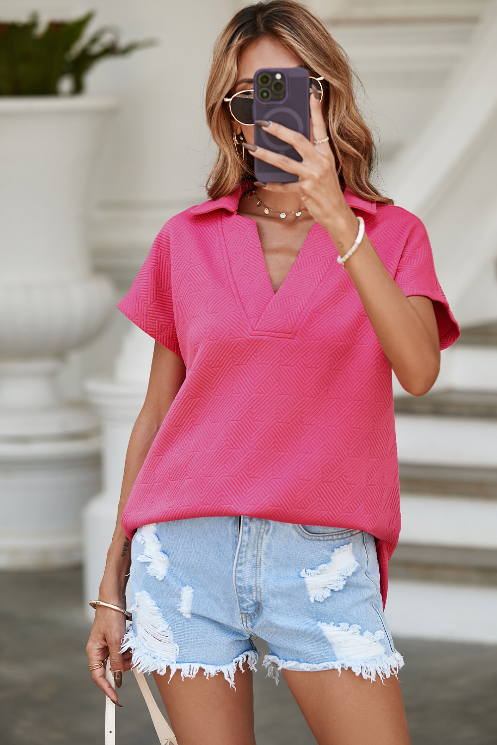 Rose Red Textured V Neck Collared Short Sleeve Top
