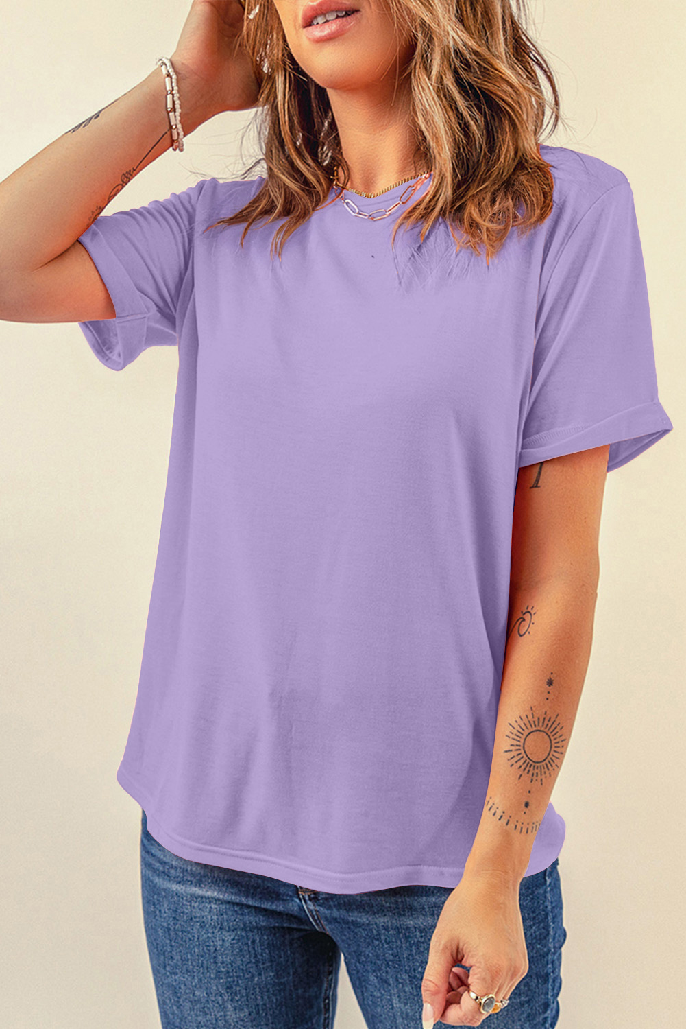 Khaki Casual Plain Crew Neck Tee