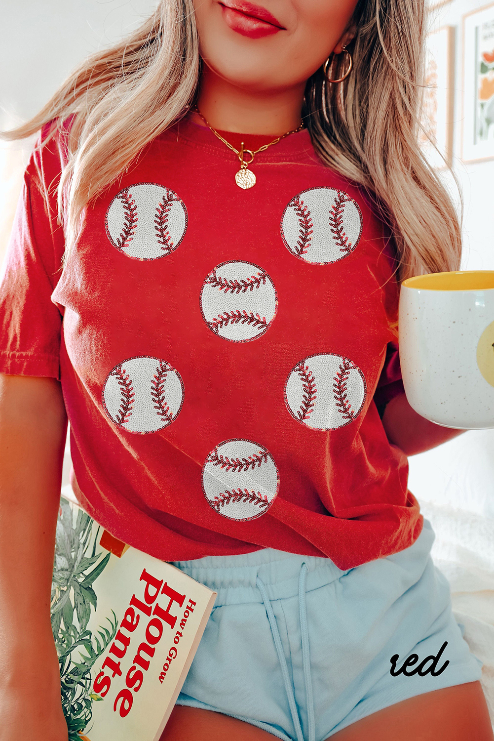 Red Glittering Rugby Pattern Crew Neck Game Day T Shirt