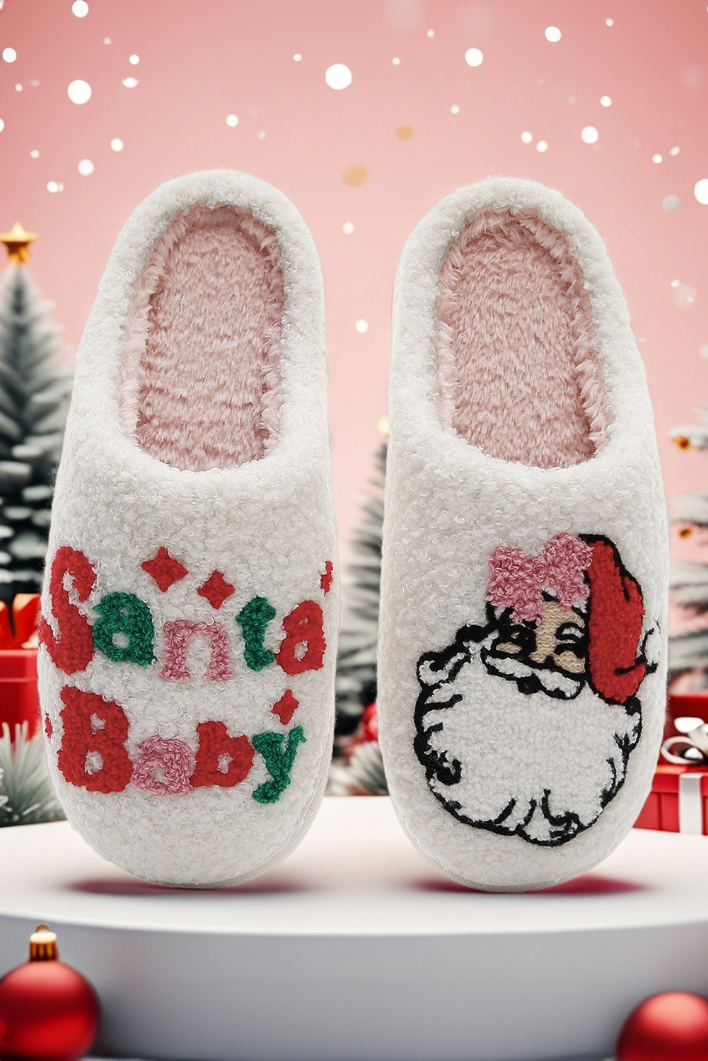 White Plush Santa Baby Christmas Asymmetric House Slippers