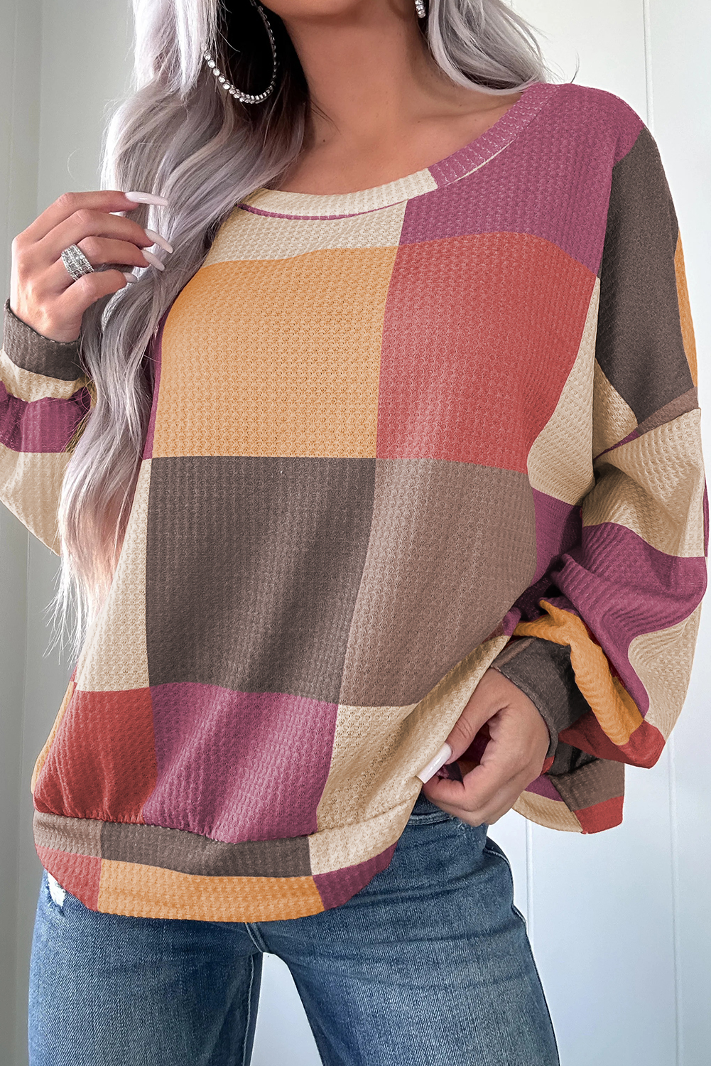 Green Checkered Print Textured Knit Long Sleeve Loose Top
