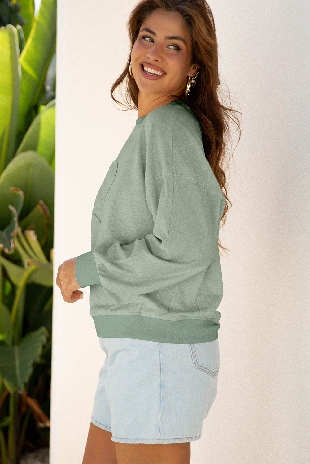 Beige Raw Edge Flower Patch Drop Shoulder Casual Top