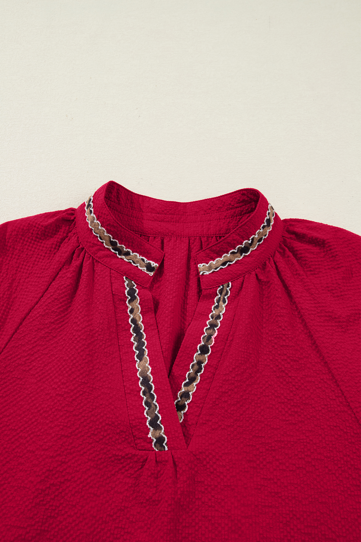 Racing Red Leopard Jacquard Print V Neck Textured Blouse