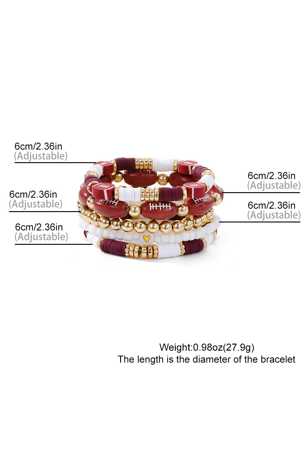Red Dahlia 5pcs Football Beading Elastic Bracelet Set
