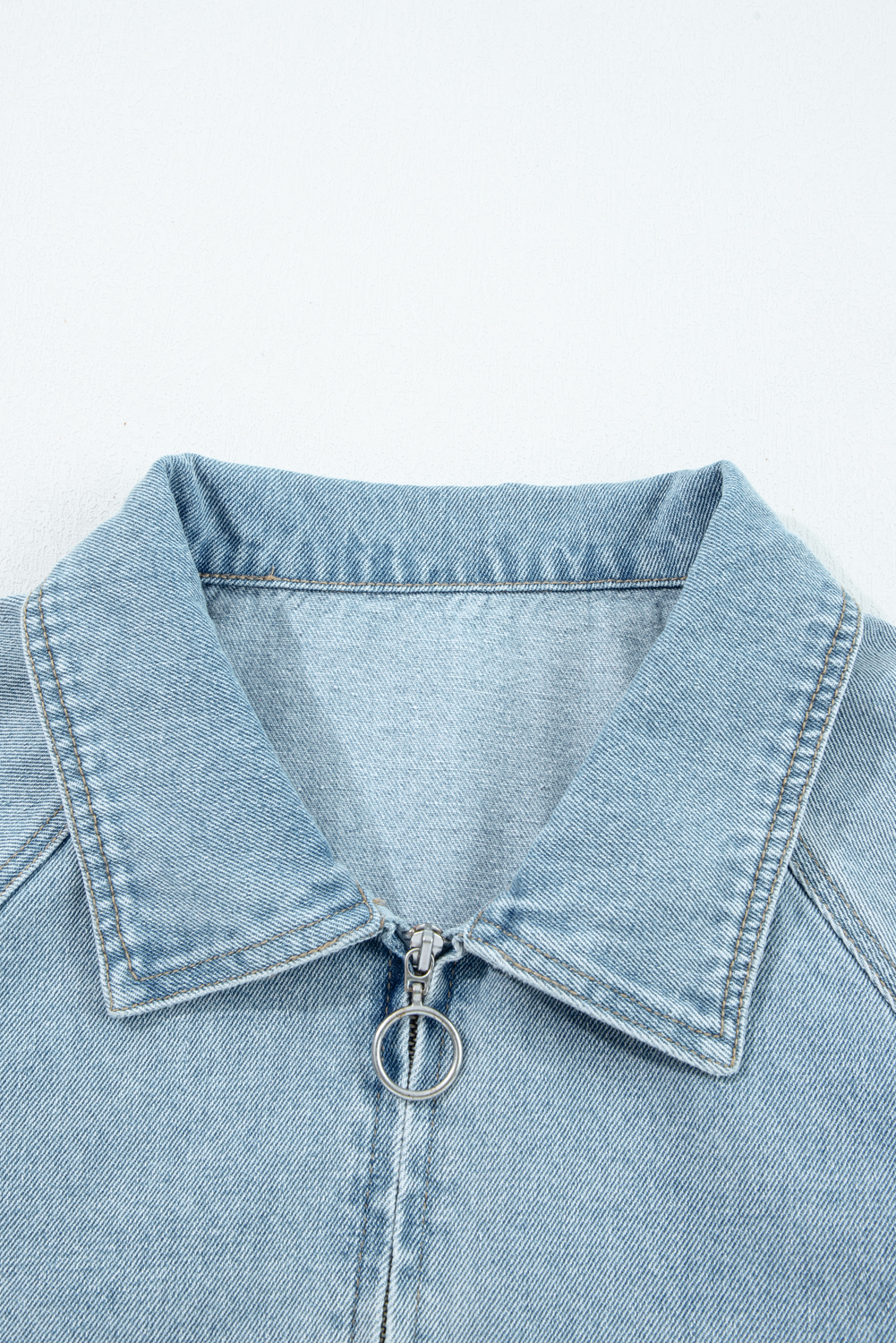 Myosotis Elastic Edge Collared Zip Up Denim Jacket With Pocket