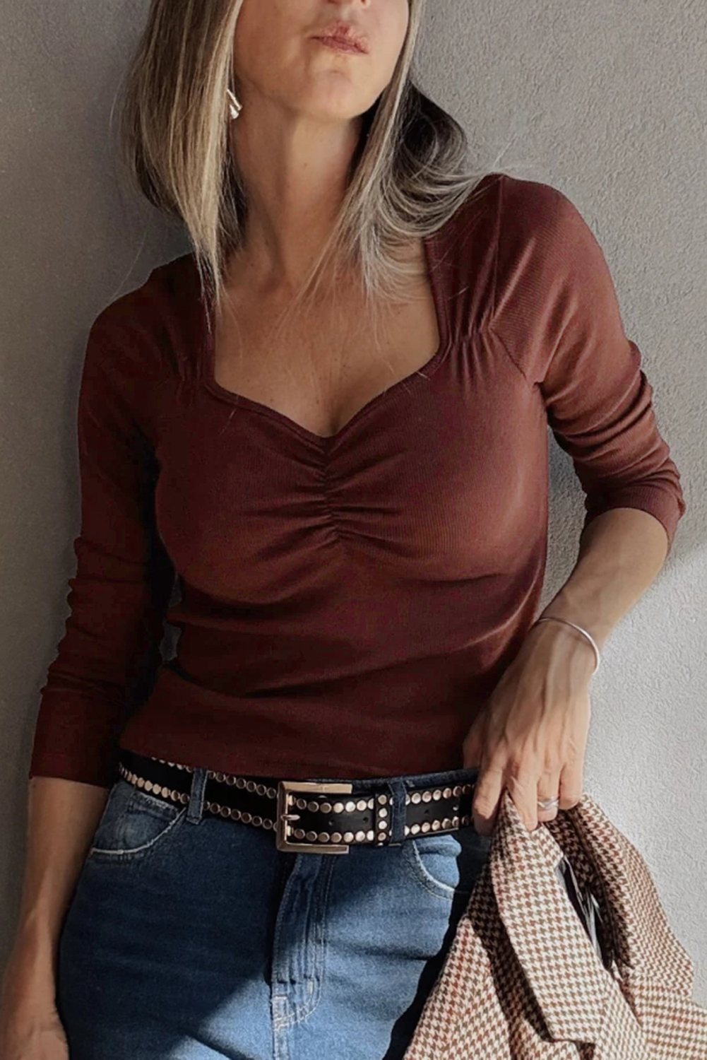 Burgundy Gathered Bust Square Neck Ribbed Fit Long Sleeve Top