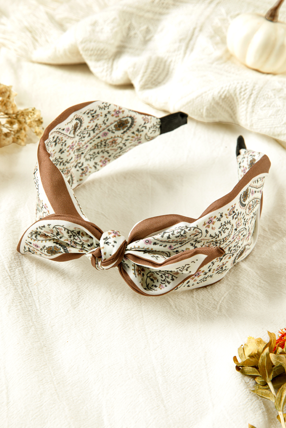 White Bohemian Floral Print Satin Bow Knot Hairband
