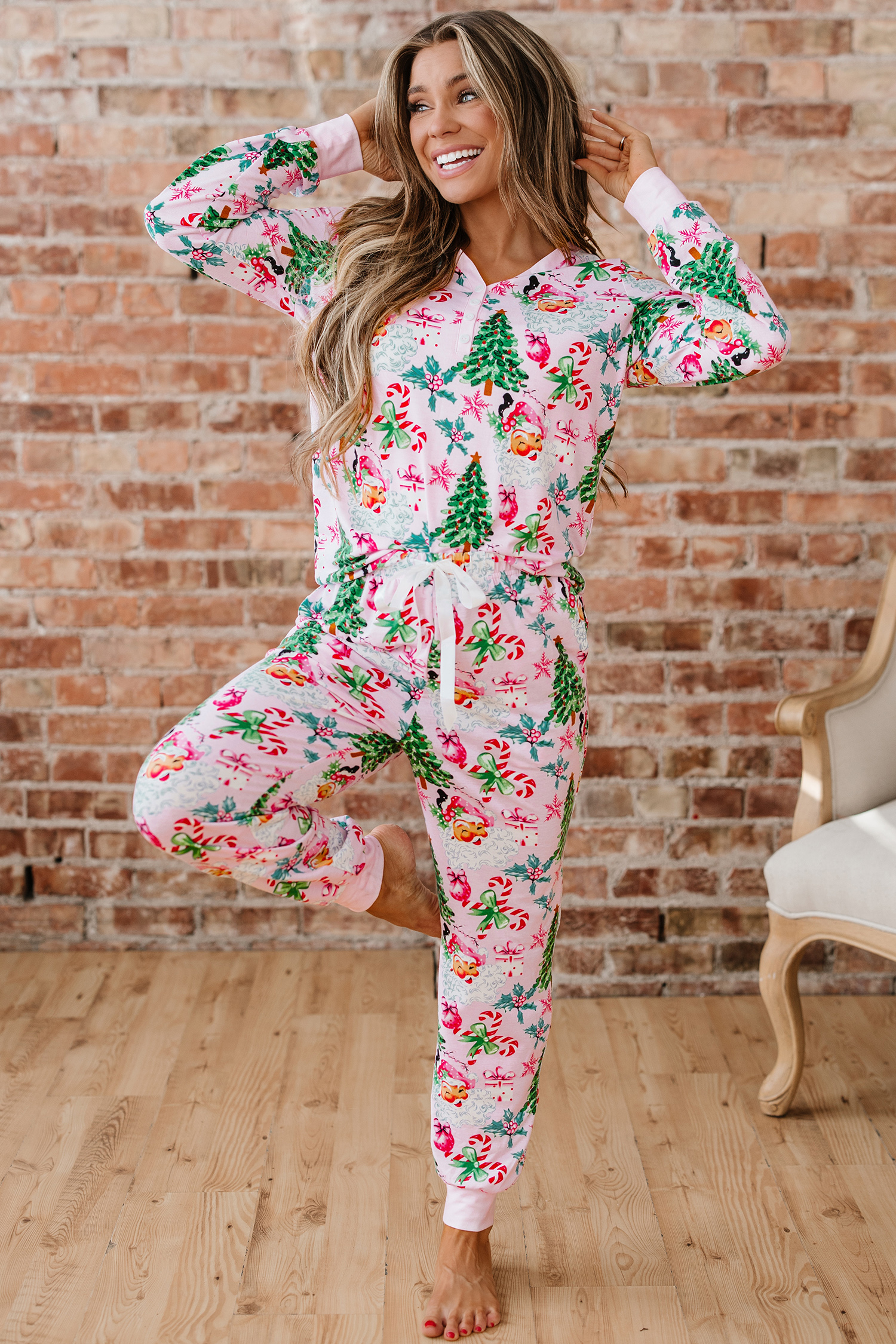 White Christmas Pattern Button V Neck Pullover Drawstring Pants 2pcs Lounge Set