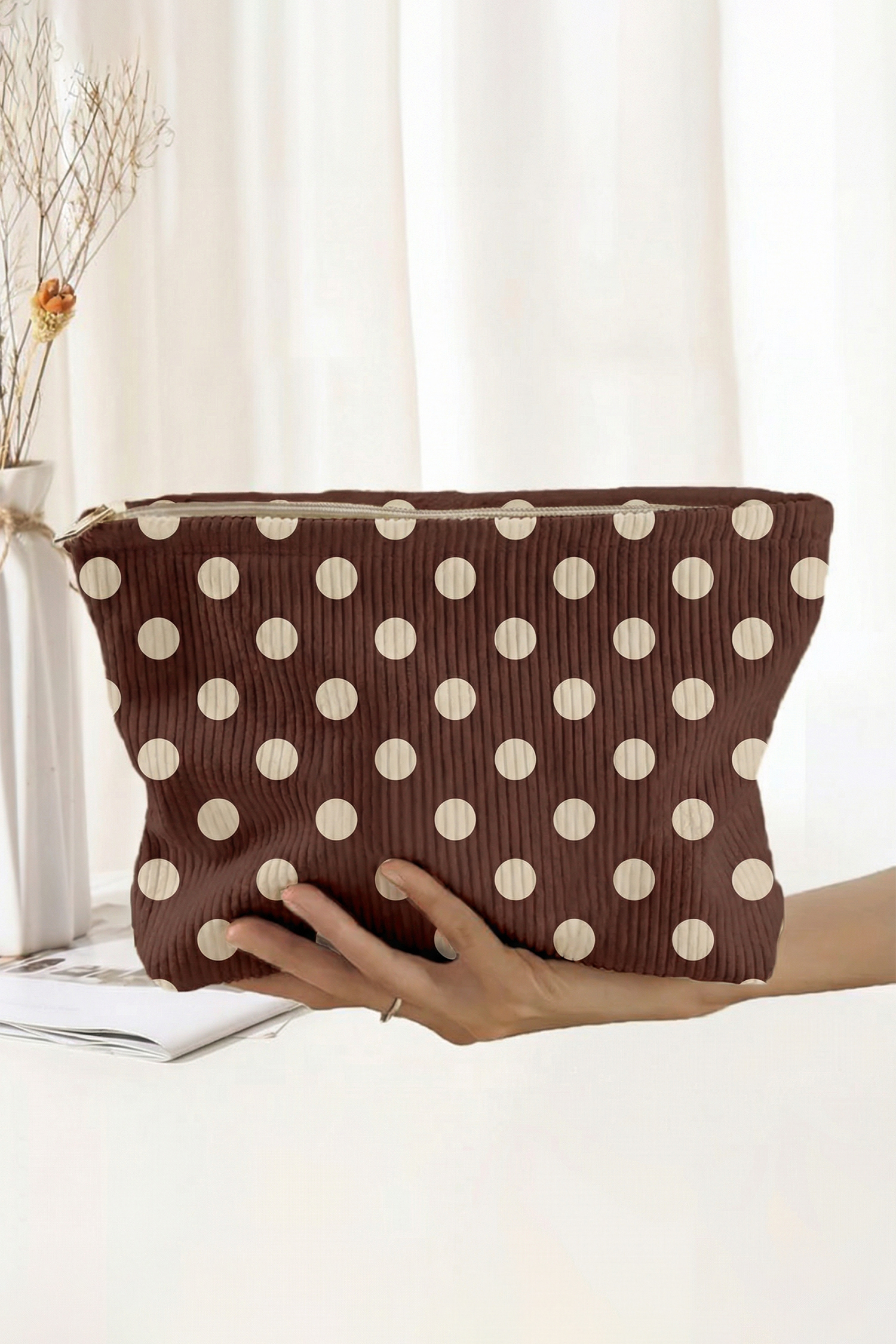 Coffee Polka Dot Printed Corduroy Storage Makeup Bag
