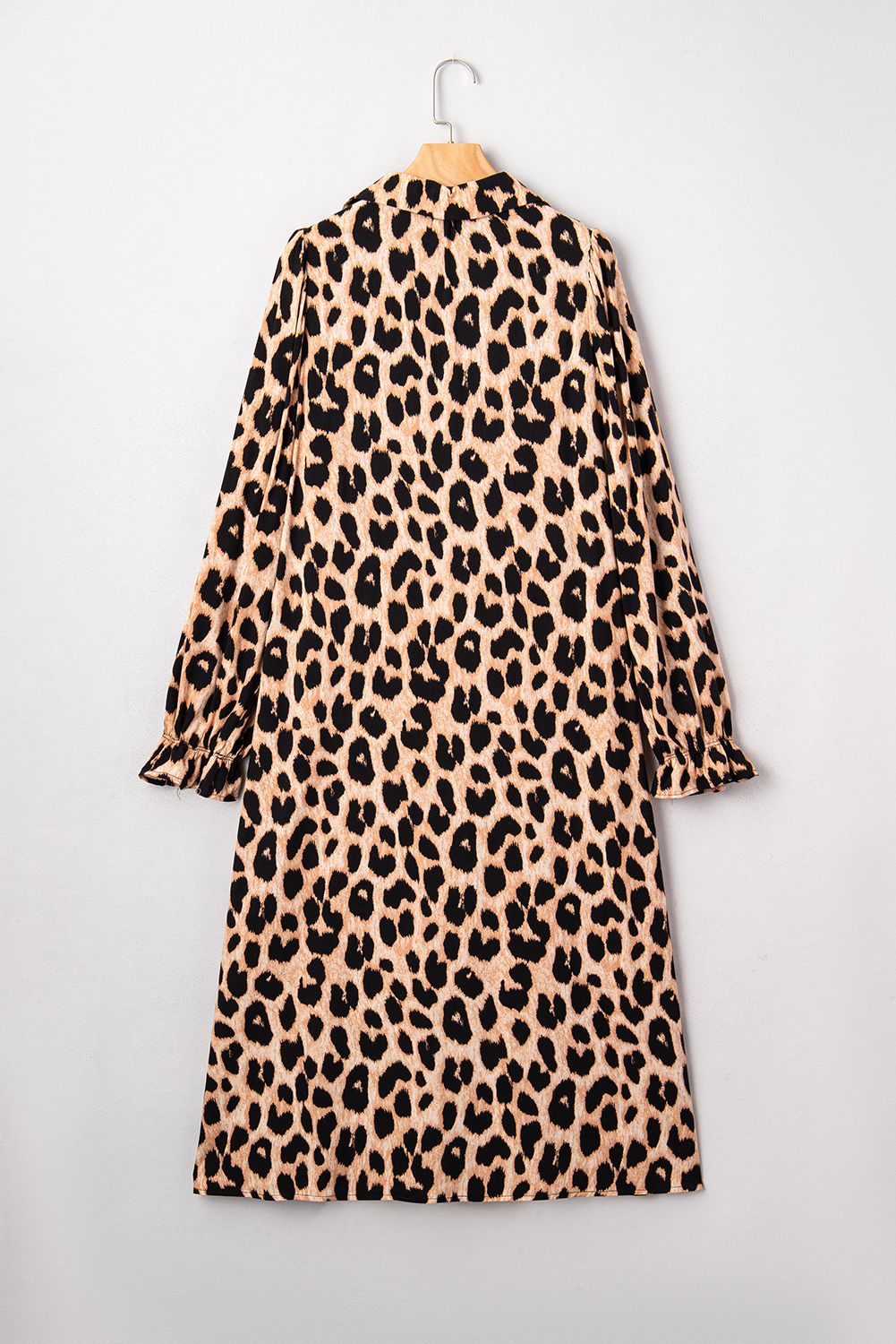 Four Leaf Clover Collared V Neck Smocked Detail Contrast Leopard Trim Bracelet Sleeve Long Dress