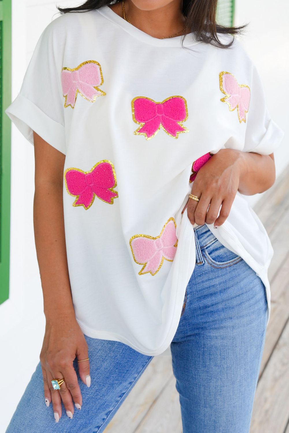 White Sequined Bow Patched Short Sleeve Top