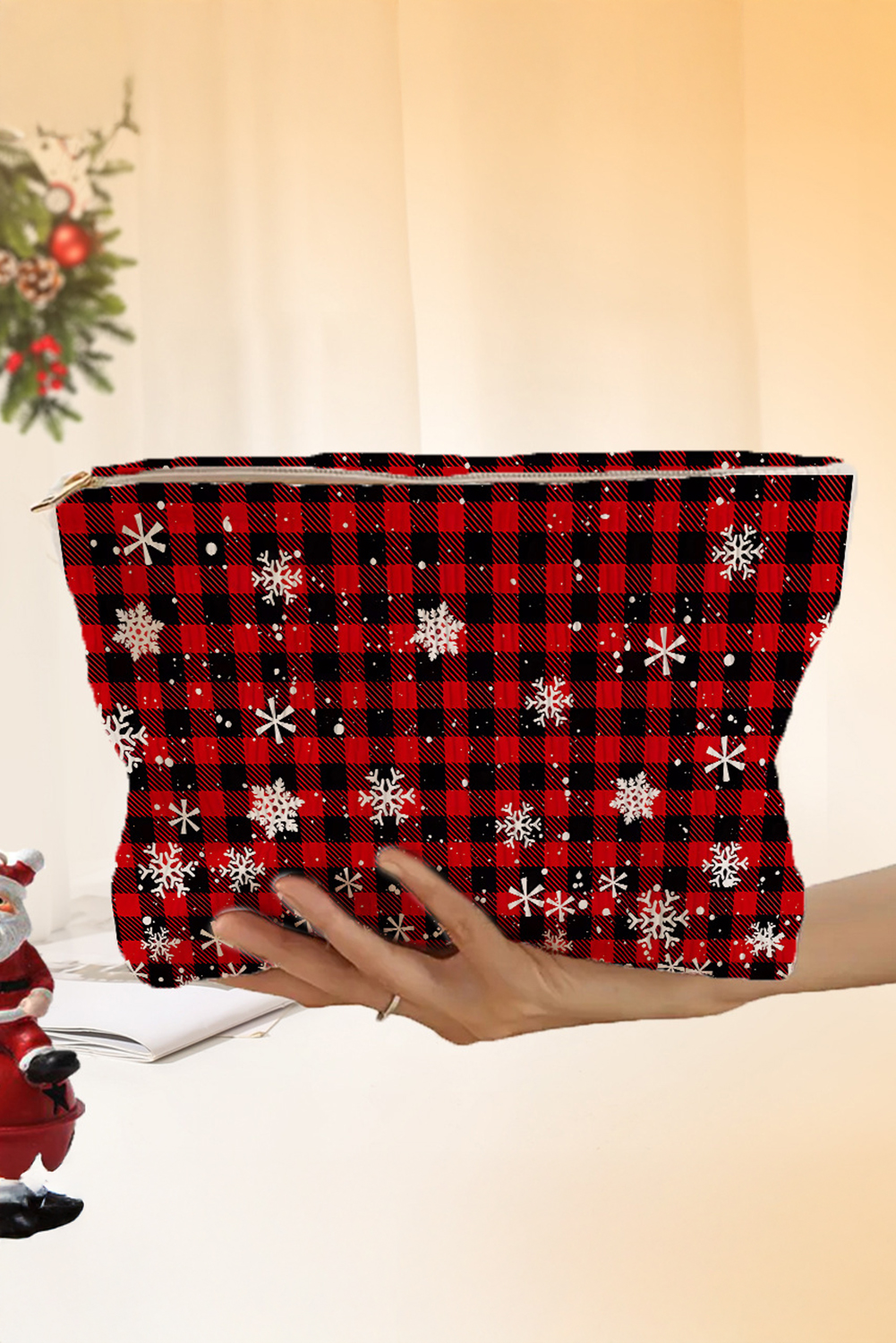 Fiery Red Plaid Christmas Snowflake Print Cosmetic Bag