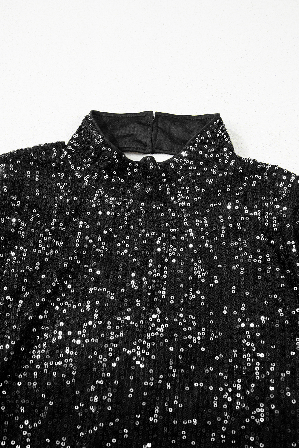 Jet Stream Sequin Mock Neck Drape Open Back Bell Sleeve Top