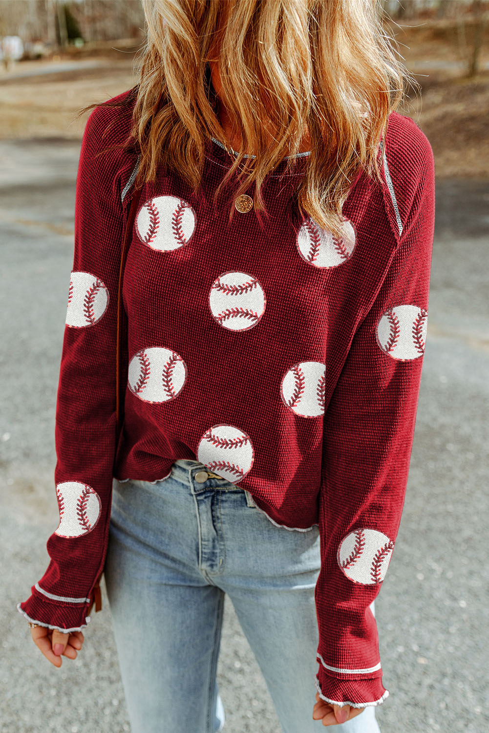Red Baseball Patched Patterned Game Day Waffle Raglan Top