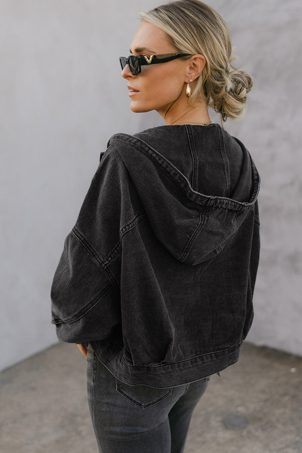 Black Big Chest Pocket Drop Shoulder Hooded Denim Jacket
