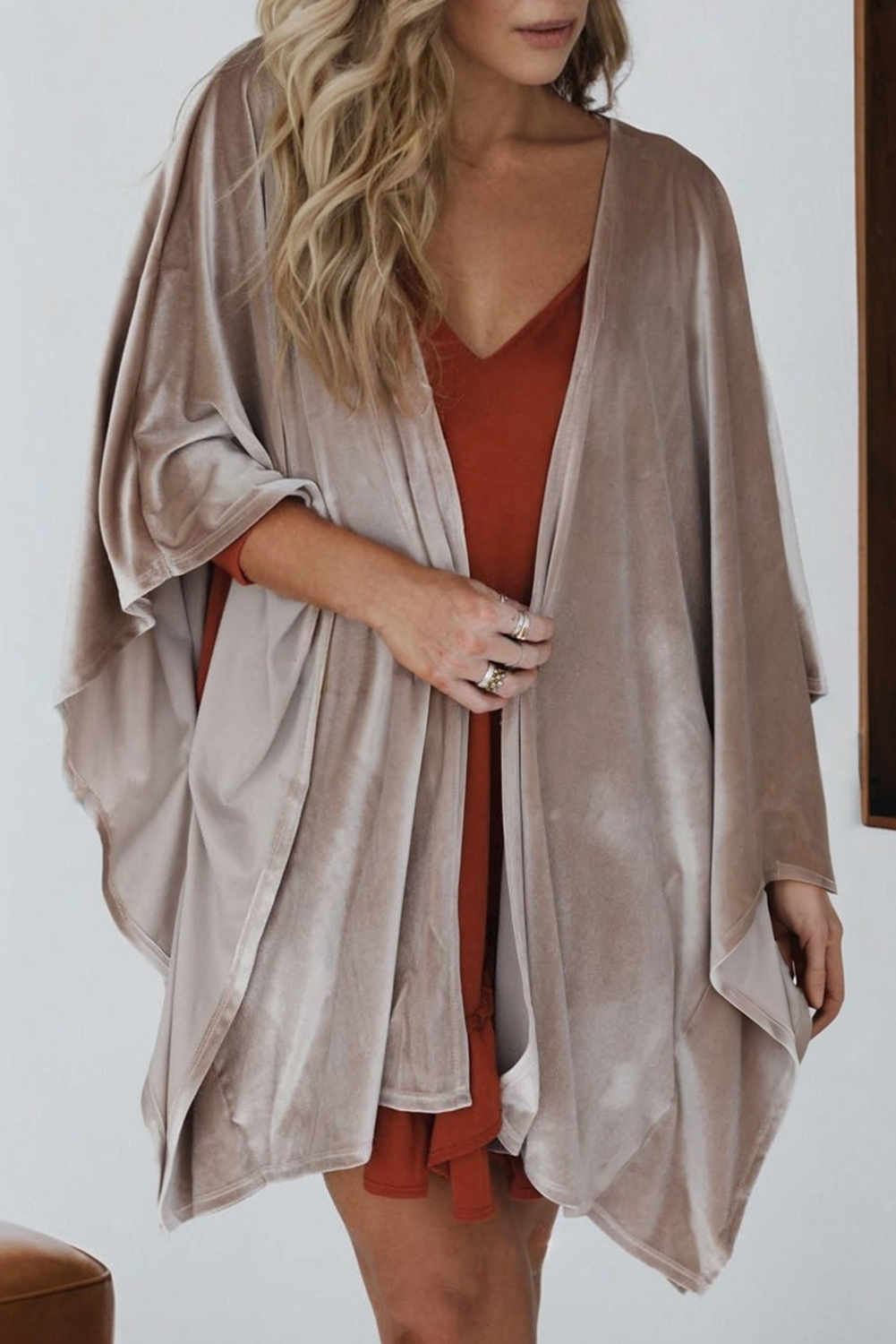 Smoke Gray 3/4 Sleeve Open Front Velvet Kimono