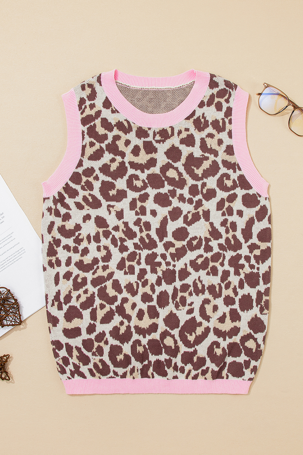 Brown Leopard Pattern Contrast Ribbed Trim Sweater Vest