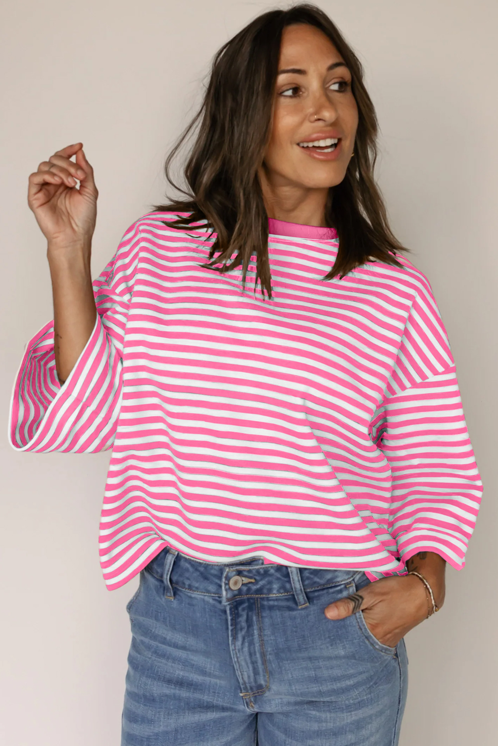 Red Stripe Bowknot Cutout Back Drop Shoulder Wide Bracelet Sleeve Loose Tee