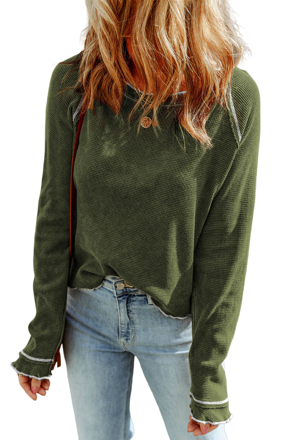 Smoke Gray Textured Round Neck Long Sleeve Top