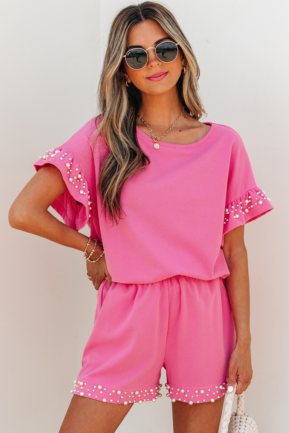 Bright Pink Textured Pearled Ruffle Sleeve Top 2 Piece Shorts Set