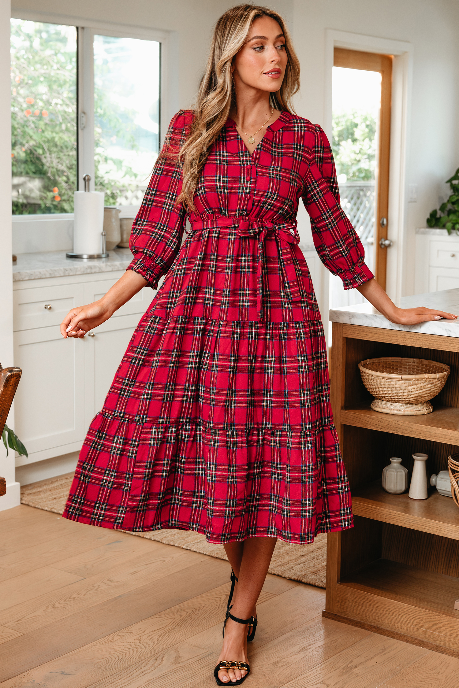 Red Christmas Plaid V Neck 3/4 Sleeve Tie Waist Ruffle Hem Long Dress