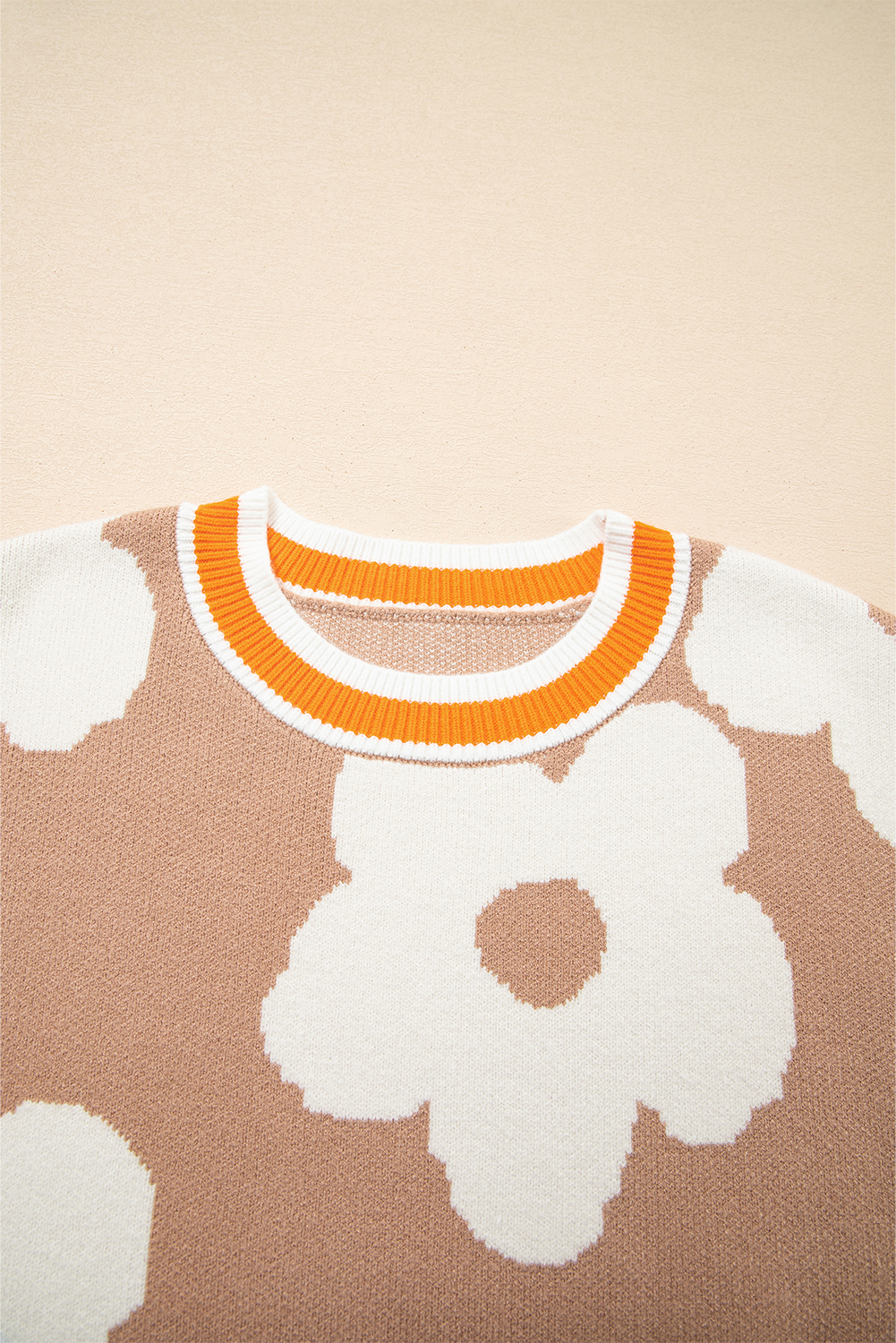 Smoke Gray Big Flower Pattern Contrast Striped Baggy Sweater