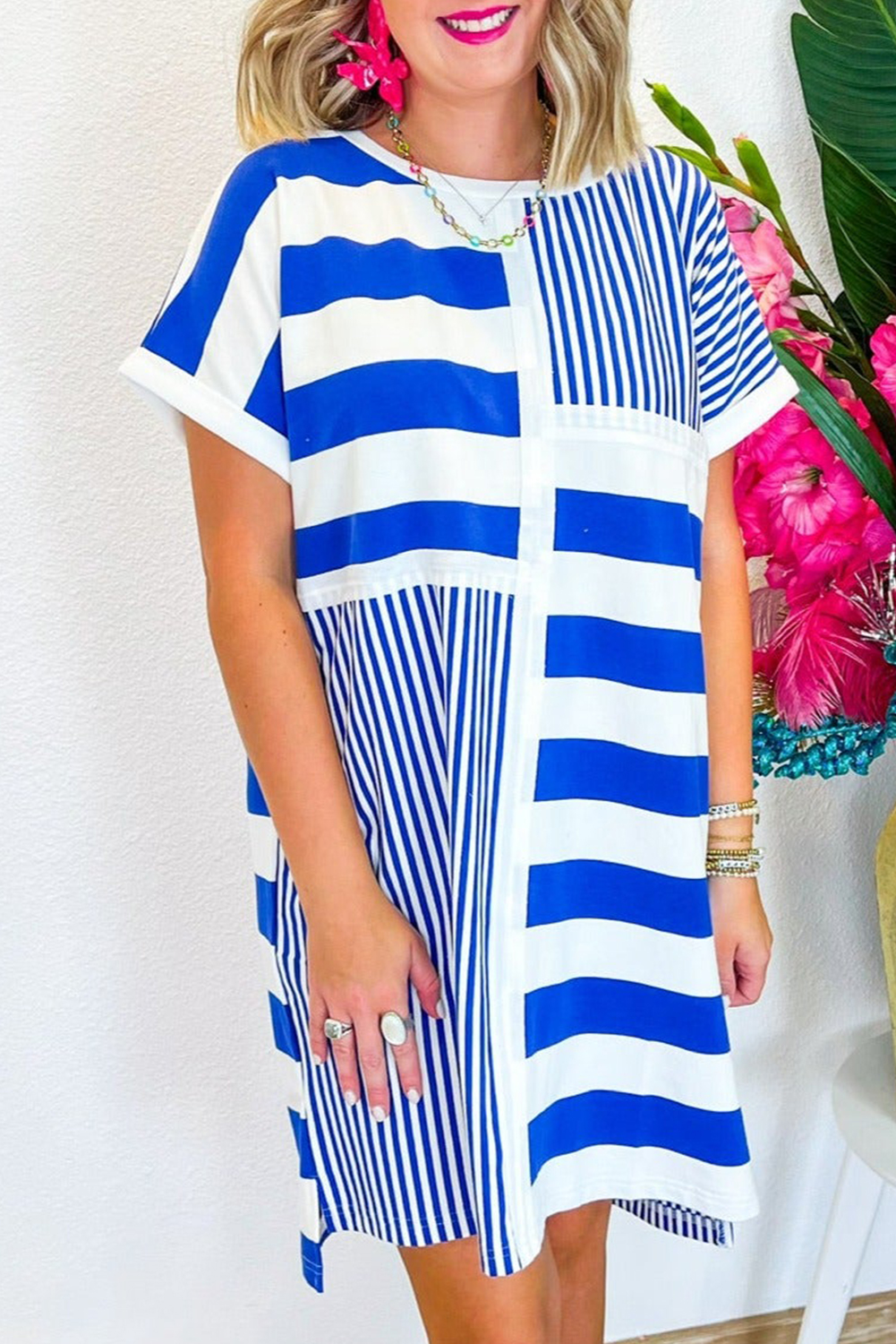 Blue Stripe Mixed Printed Short Sleeve Shift Mini T Shirt Dress