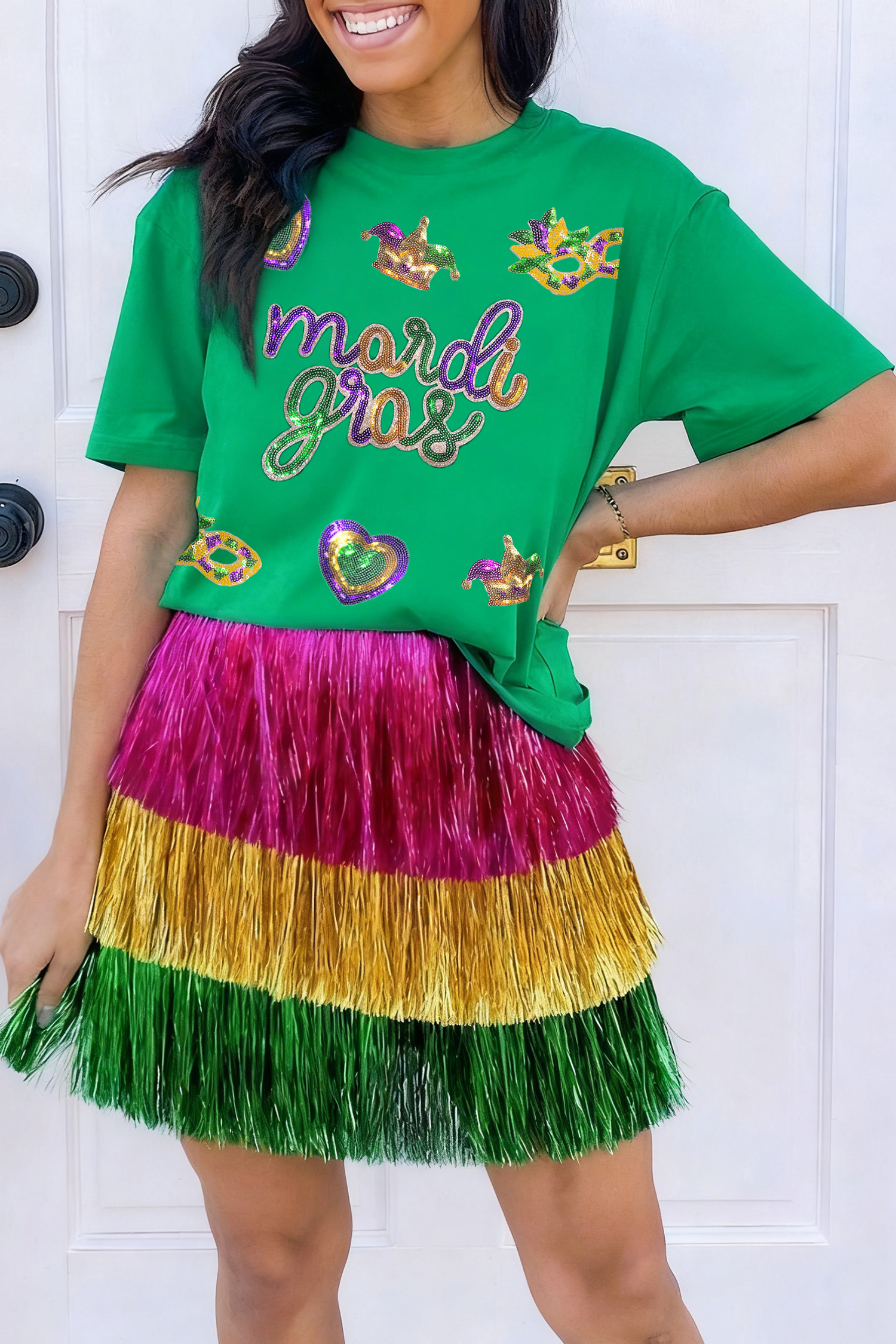 Bright Green Glitter Mardi Gras Mask Graphic T Shirt