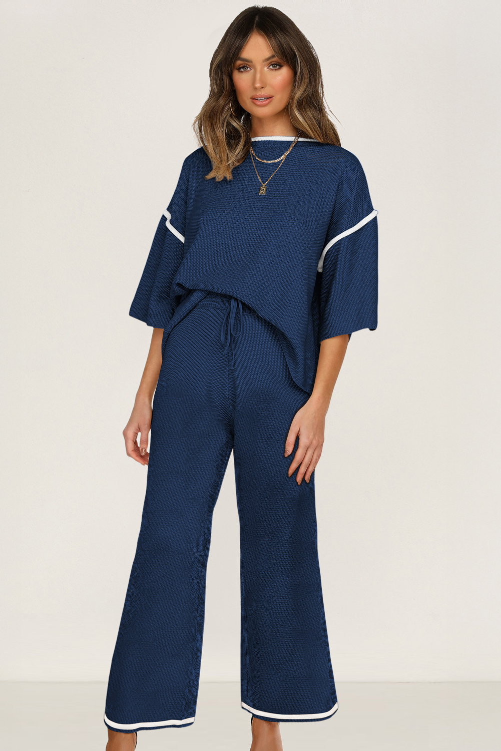 Blackish Green Contrast Trim Half Sleeve Top Drawstring Pants Loose 2pcs Sweater Suit