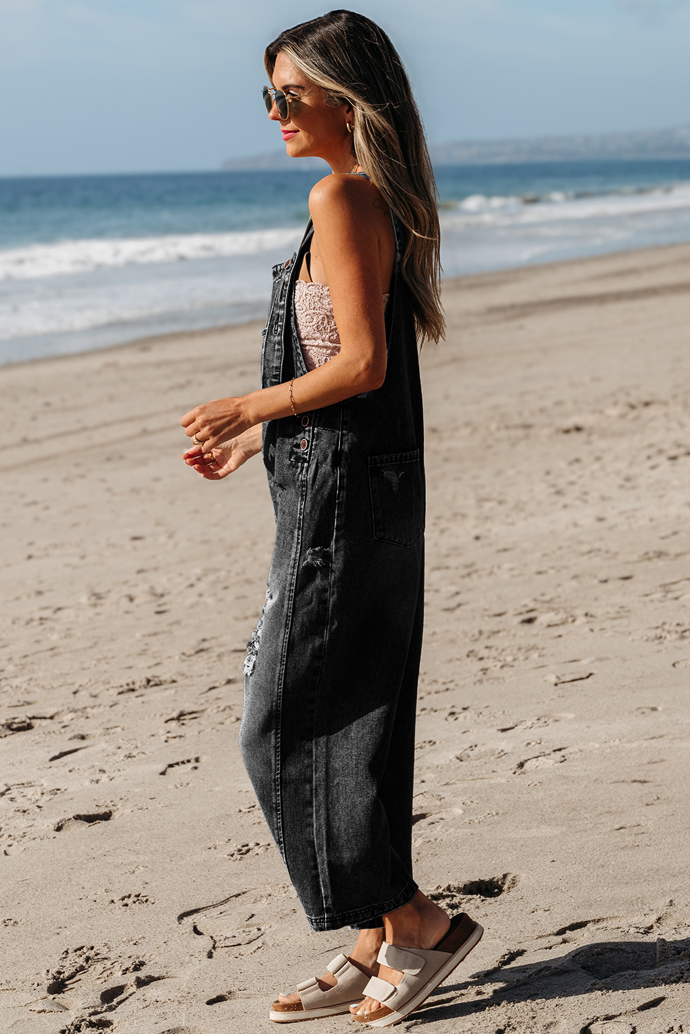 Stone Blue Distressed Bib Pocket Wide Leg Denim Overall
