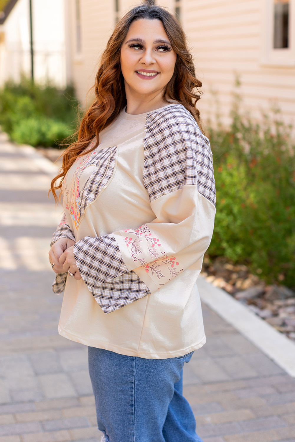 Beige Flower Patch Graphic Exposed Seam Wide Sleeve Top