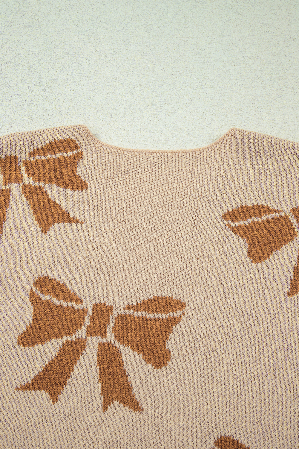 Straw Yellow Ribbon Bow Print Checkered Striped Sleeve Drop Shoulder Sweater