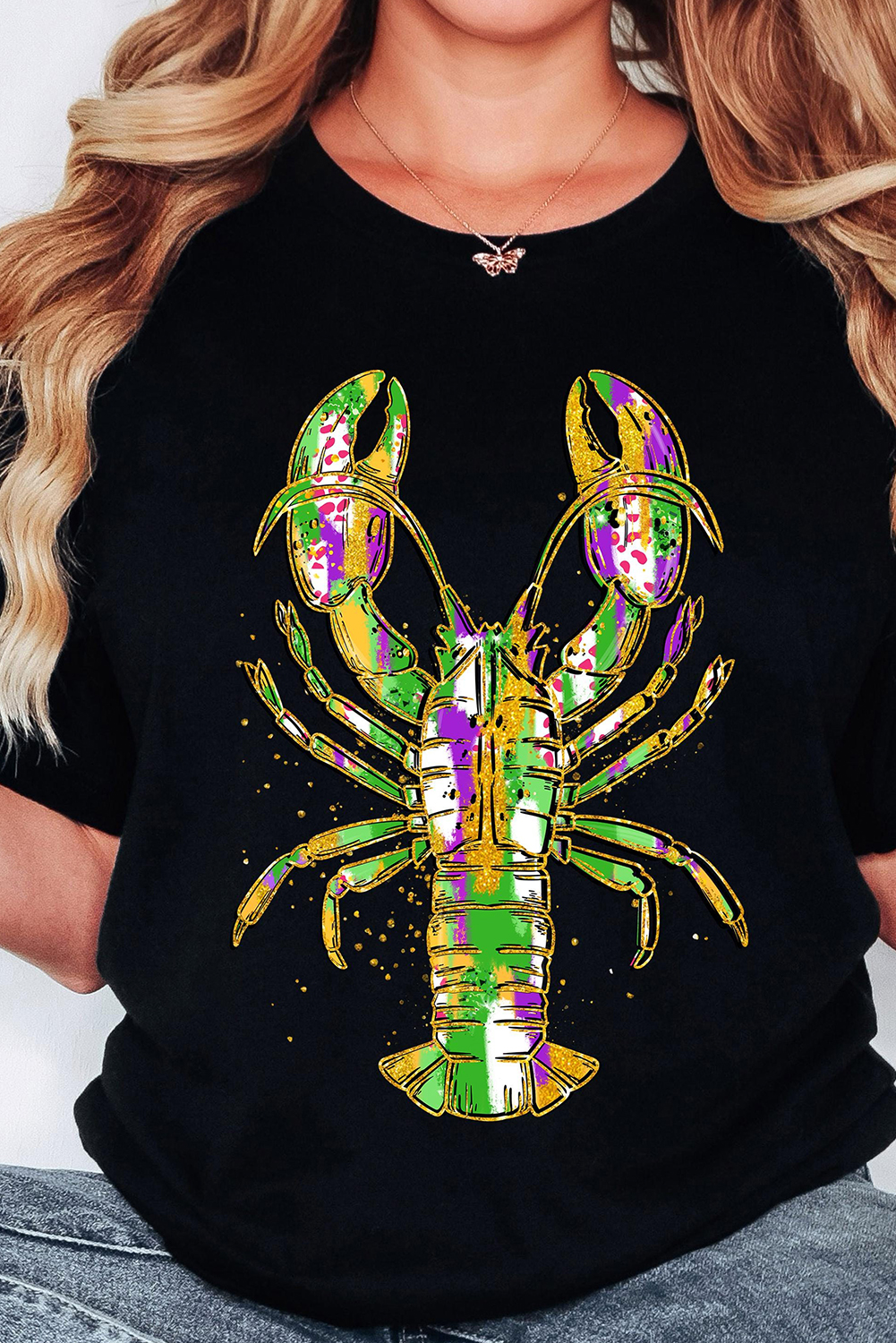 Black Mardi Gras Lobster Heat Transfer Graphic T Shirt