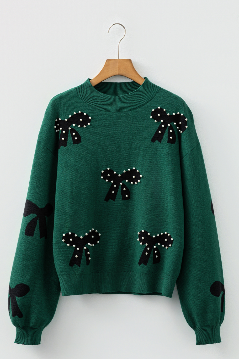 Bright Pink Pearl Embellished Bow Pattern Loose Sweater