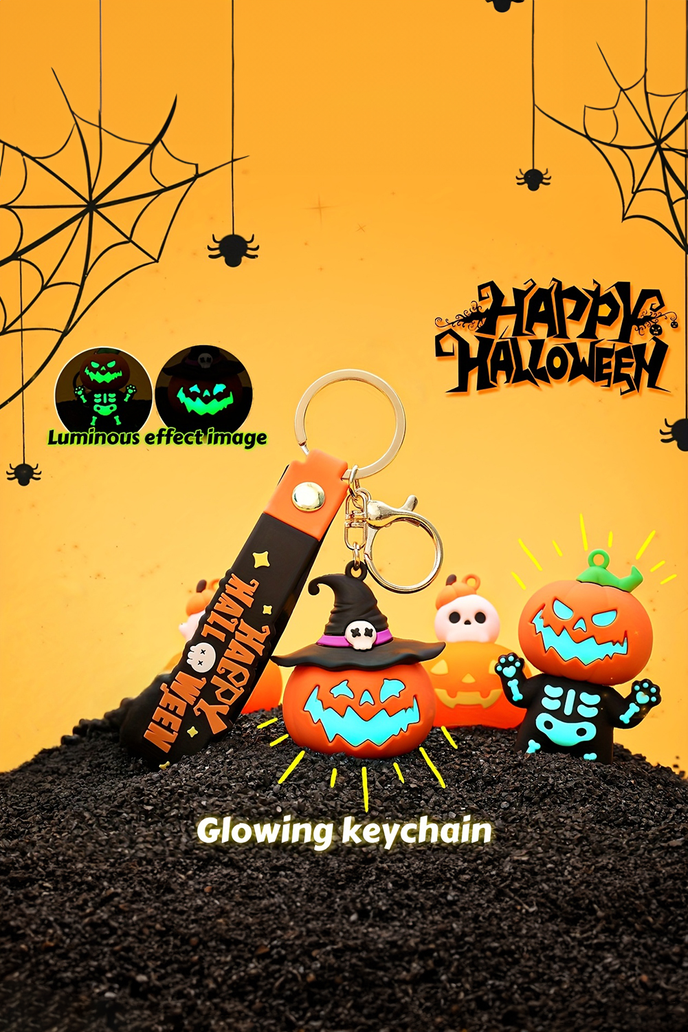 Orange HAPPY HALLOWEEN Evil Pumpkin Rubber Keychain