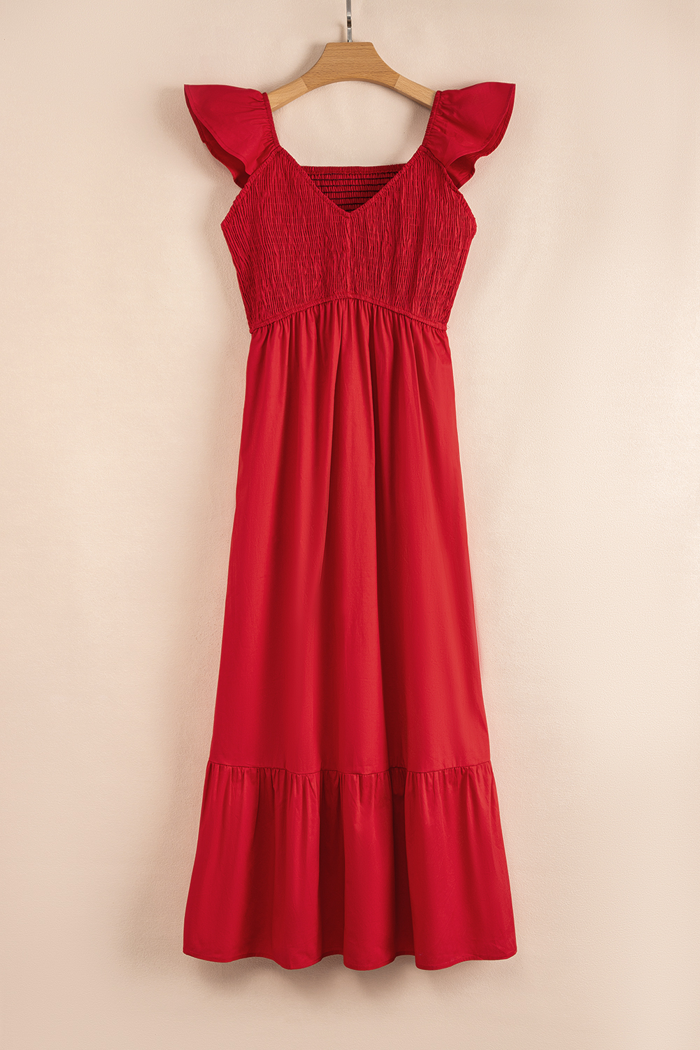 Black V Neck Flutter Sleeve Smocked Bodice High Waist Ruffle Maxi Dress