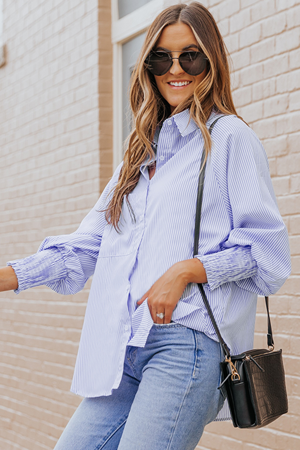 Red Stripe Smocked Cuffed Striped Boyfriend Shirt with Pocket