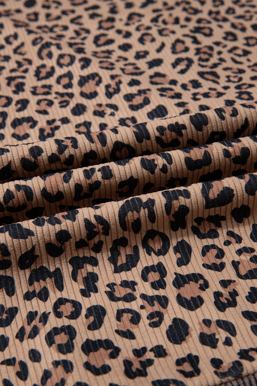 Khaki Ribbed Leopard Print Contrast Collar Zip Hooded Pullover Sweatshirt