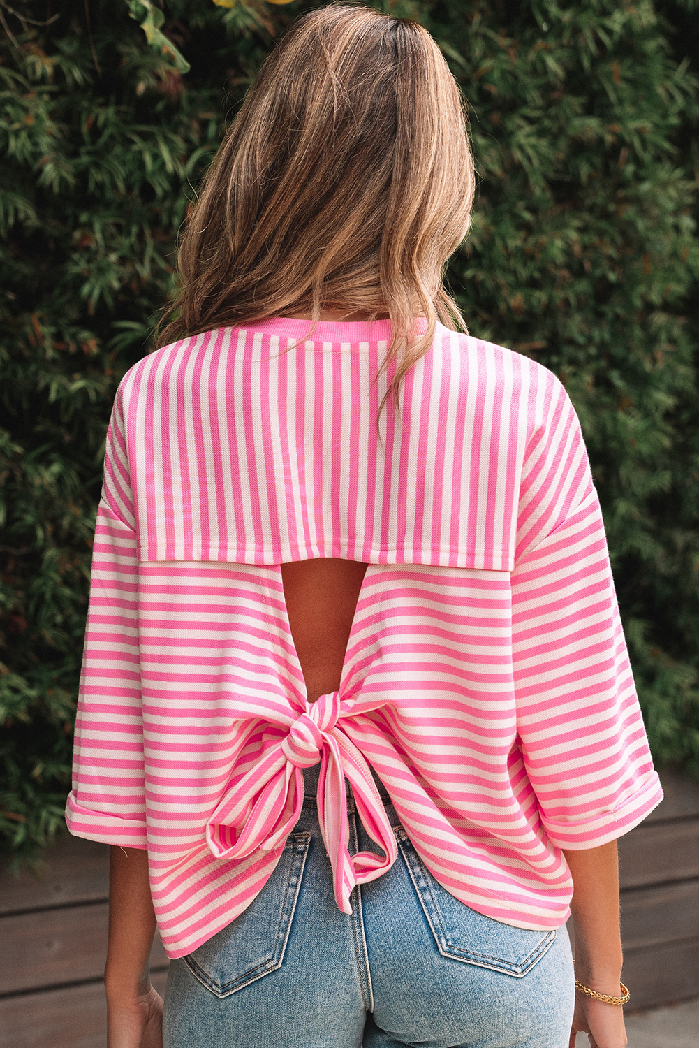 Red Stripe Bowknot Cutout Back Drop Shoulder Wide Bracelet Sleeve Loose Tee