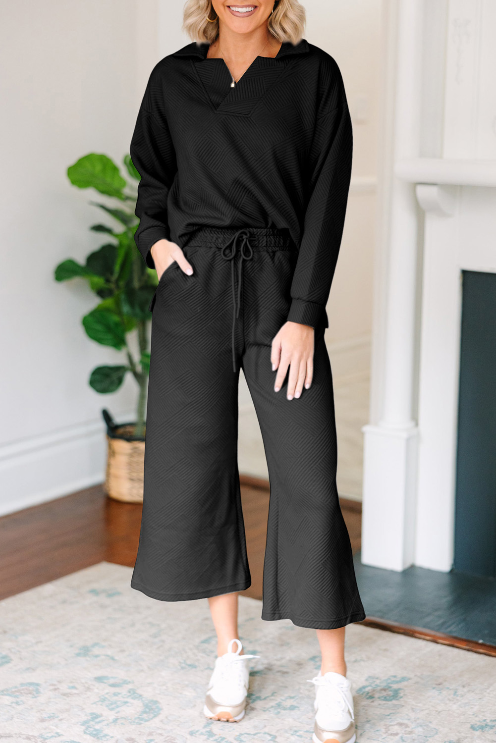 Sail Blue Solid Textured Collared V Neck Top and Wide Leg Pants Set