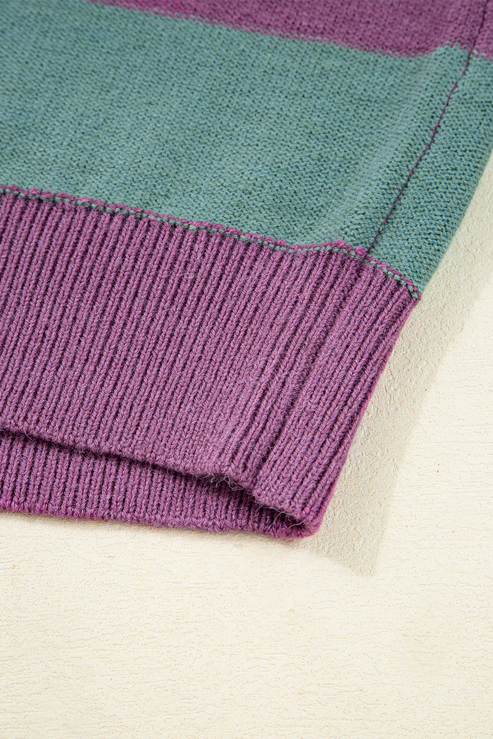 Green Stripe Drop Shoulder Ribbed Edge Casual Sweater