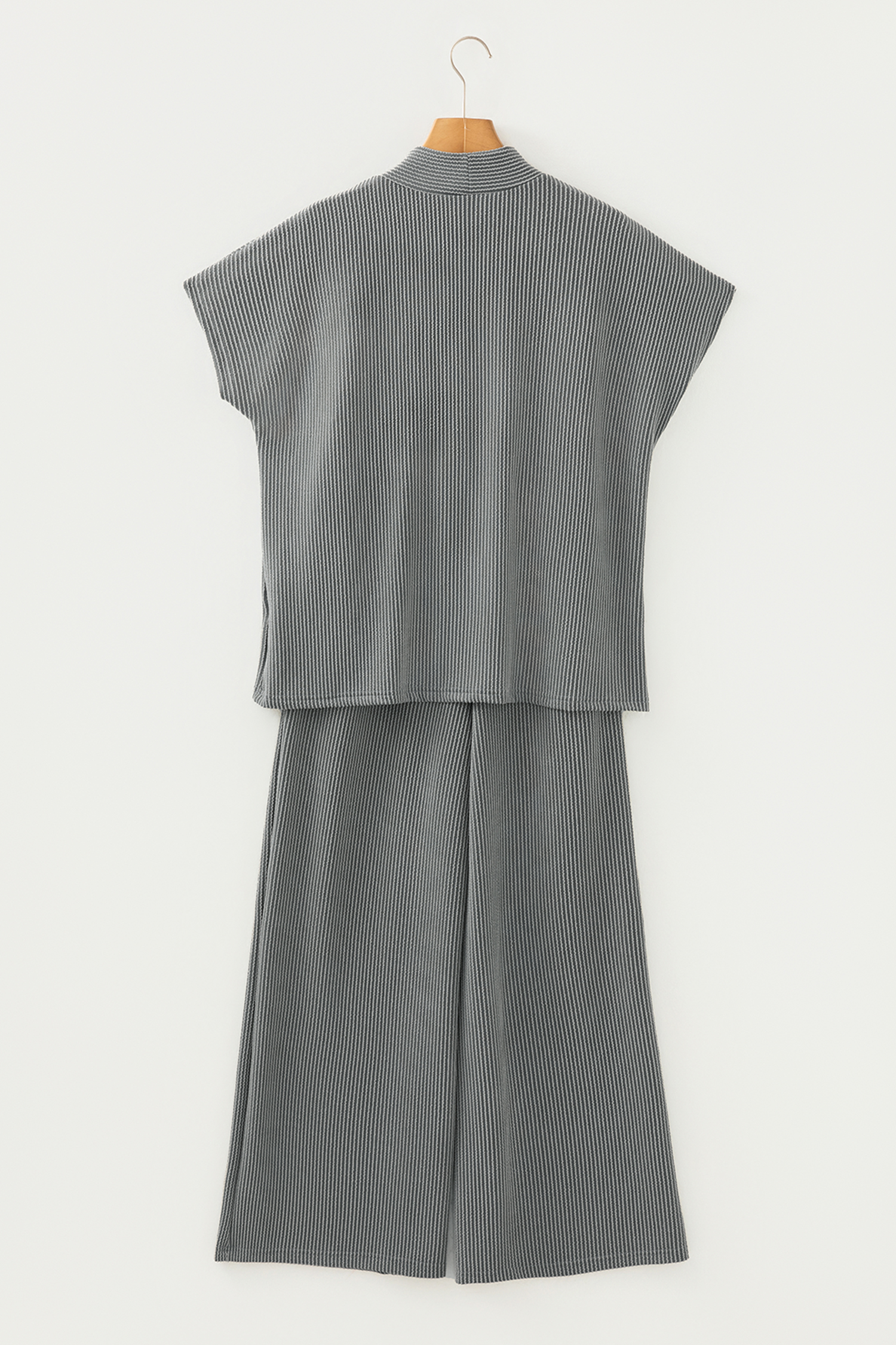 Dark Grey Twisted Ribbed High Neck Loose Tee Elastic High Waist Loose Pant Set
