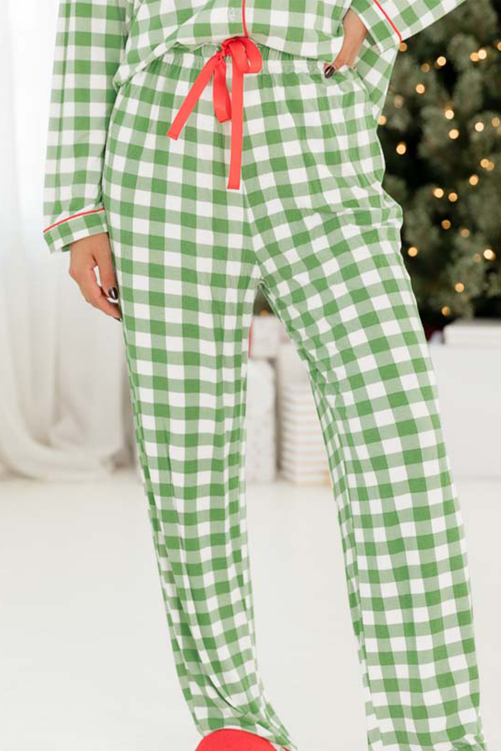 Fiery Red Christmas Plaid Print Shirt and Pants Pajama Set