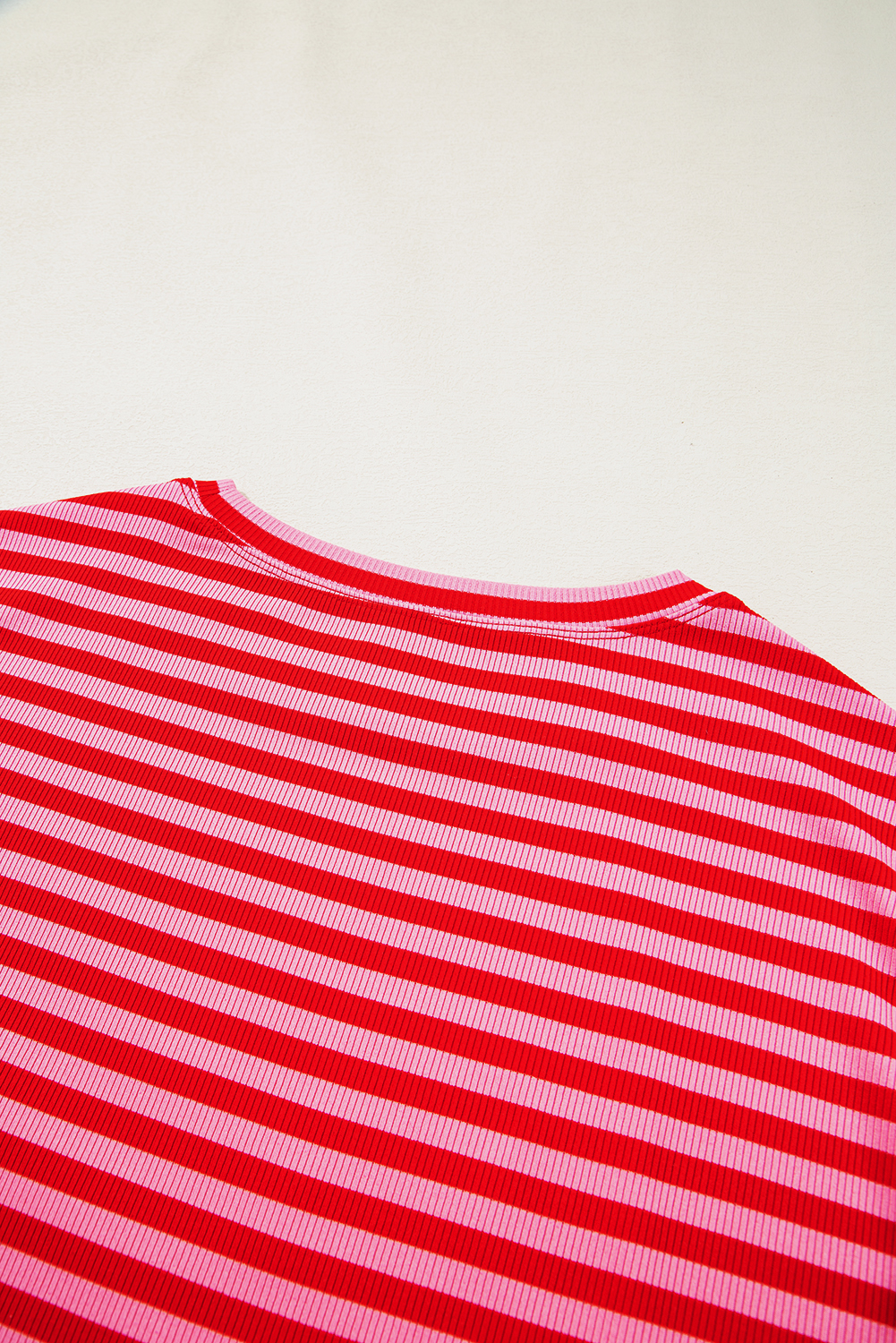 Sky Blue Stripe Ribbed Cap Sleeve Round Neck T Shirt